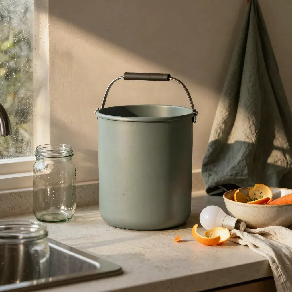 Angolo cucina con compostiera, barattoli riutilizzati, borsa in lino e lampadina LED.