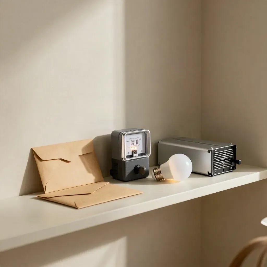 Angolo energetico domestico su mensola chiara con contatore, lampadina LED e inverter.