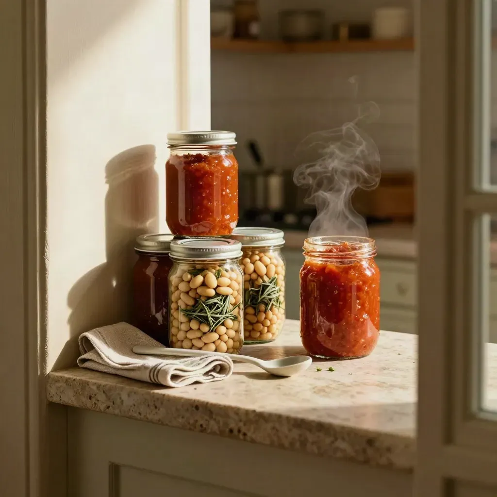 Barattoli di vetro riutilizzati con passata, legumi ed erbe su un piano in pietra.