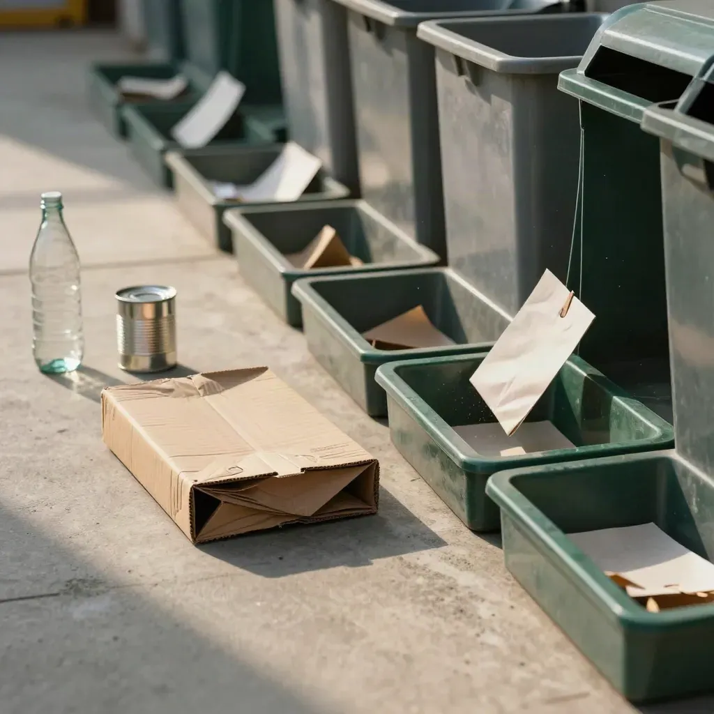 Scena di riciclo con carta, plastica e lattina che cadono nei vassoi separati.