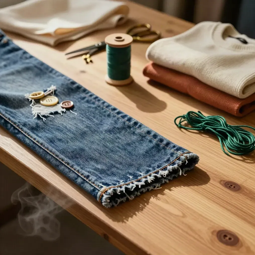 Orlo di jeans riparato con bottoni, toppe e maglione stirato su un tavolo da lavoro.