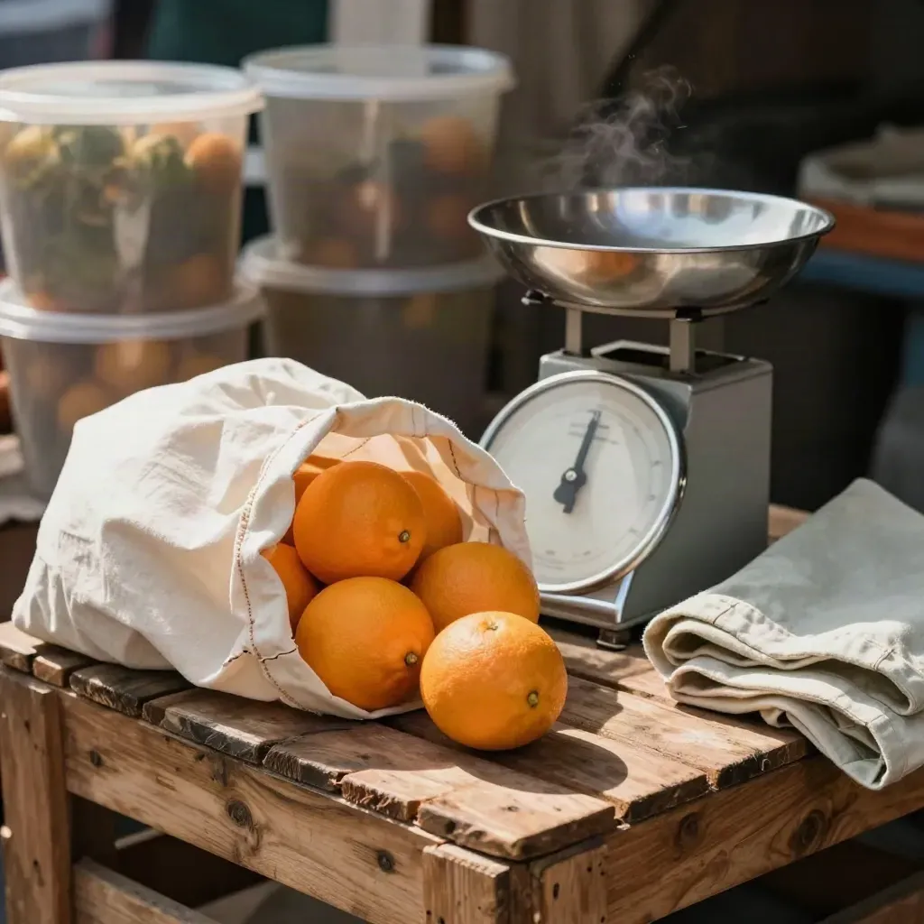 Sacche riutilizzabili con agrumi e bilancia al mercato, frutta che scivola nel sacco