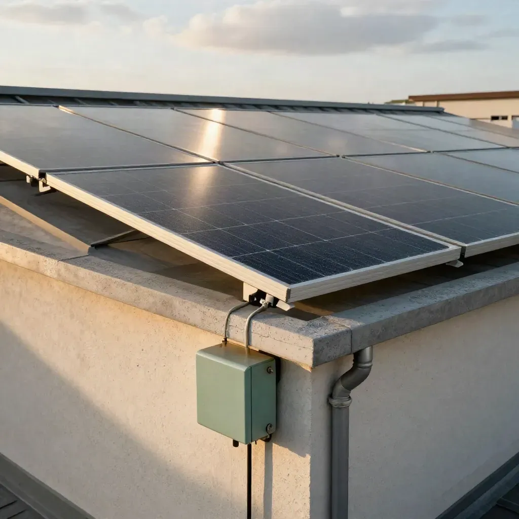 Pannelli solari sul tetto con luce radente e inverter sotto la gronda.