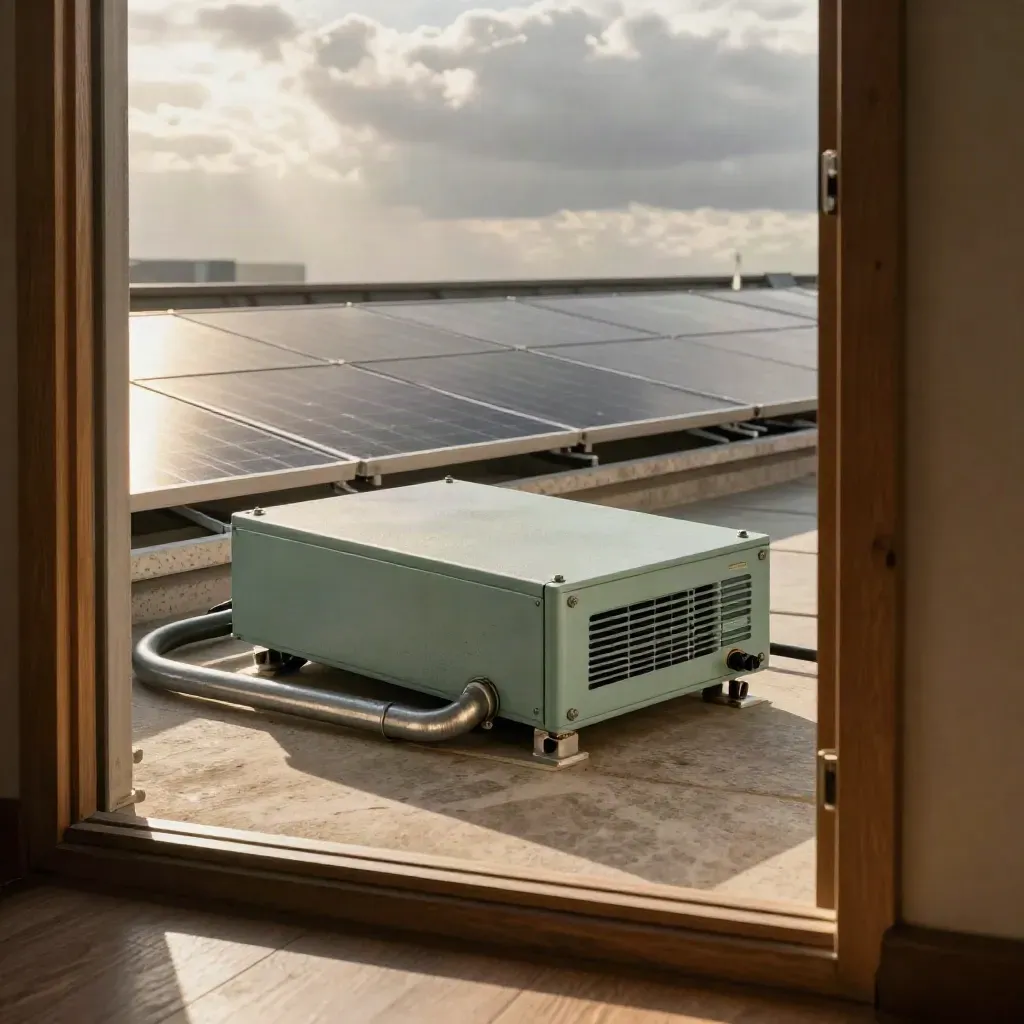 Inverter fotovoltaico sul tetto visto da una porta, con luce calda del tardo pomeriggio.