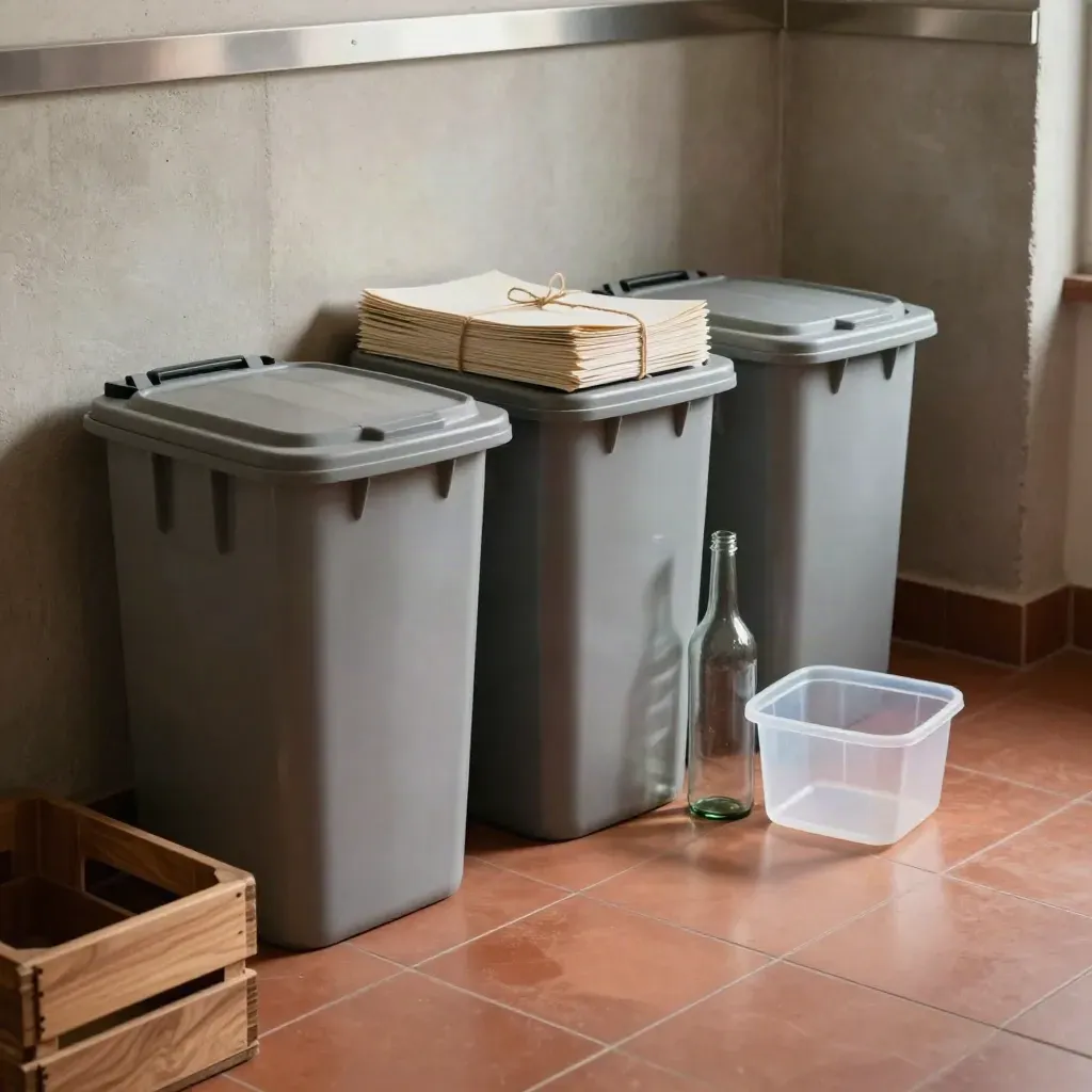 Tre bidoni della raccolta differenziata con carta, vetro e plastica in un locale domestico.