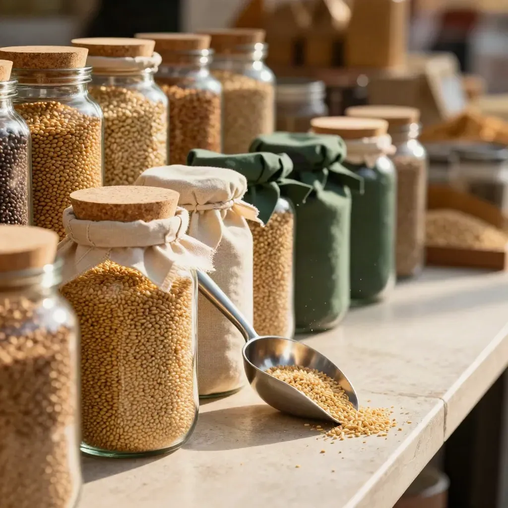 Barattoli di vetro e sacchetti riutilizzabili con cereali sfusi al mercato.