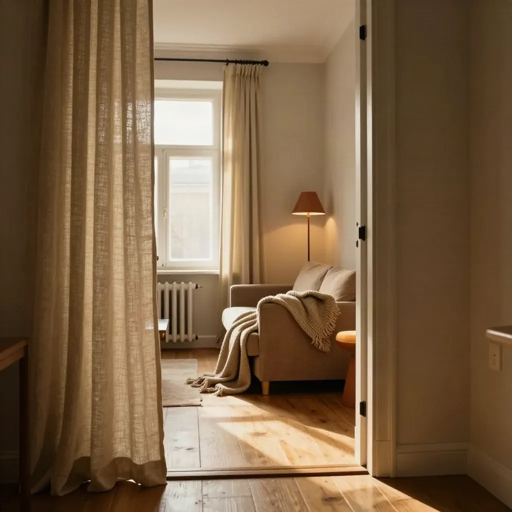 Soggiorno caldo con tende pesanti, coperta di lana, termosifone e lampada terracotta.
