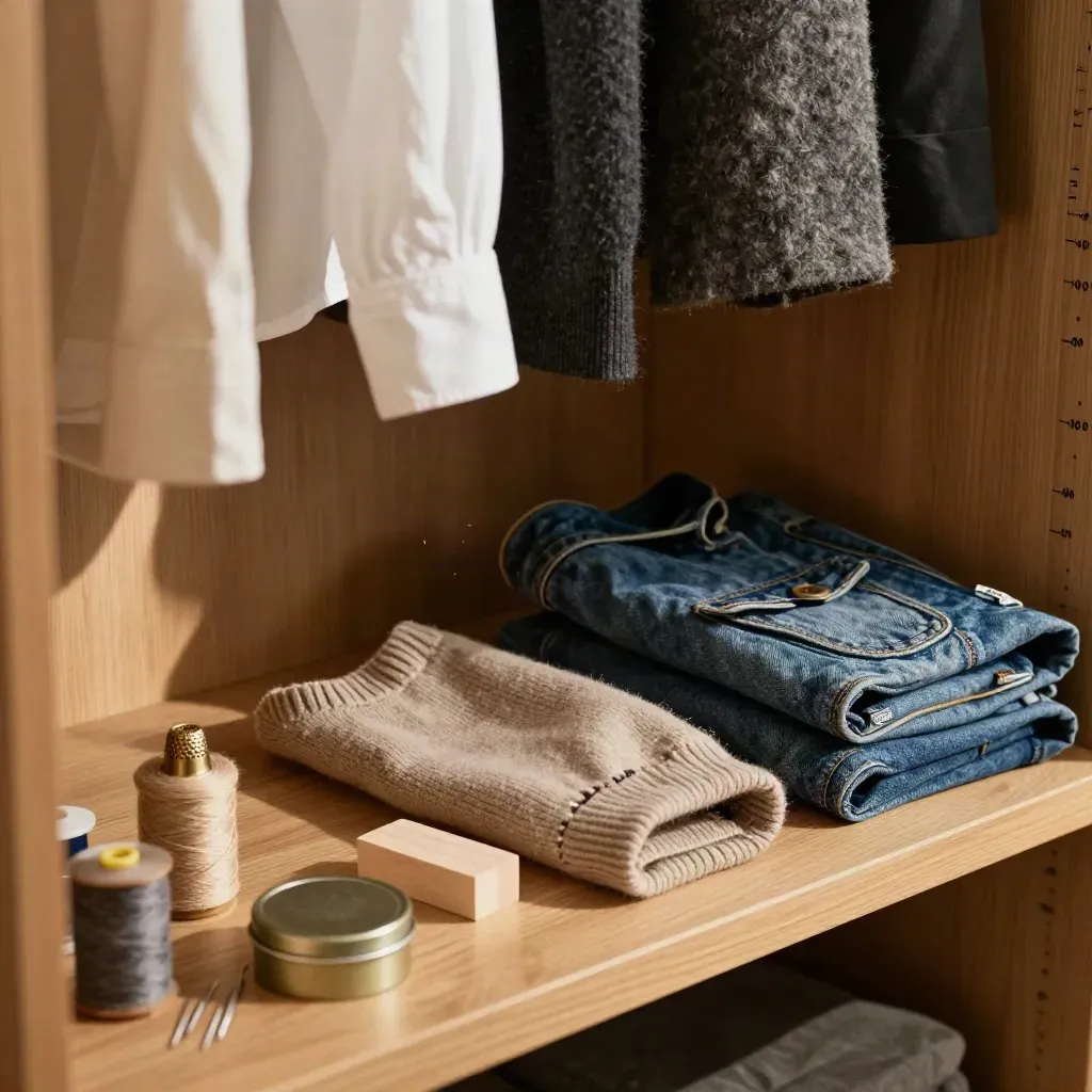 Maglione riparato, giacca di jeans piegata, blocchi di cedro e kit da rammendo su panca armadio.
