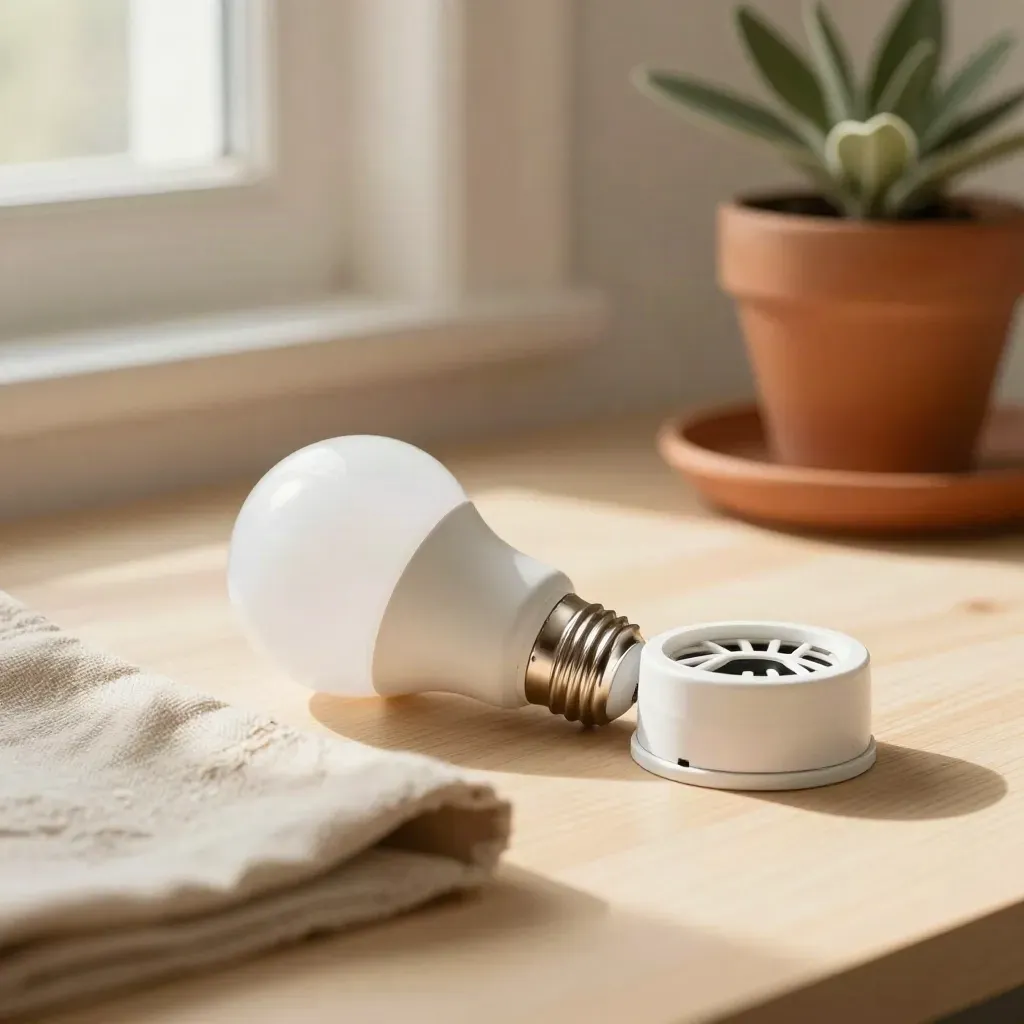 Lampadina LED e termostato su legno chiaro con lino e piantina, luce morbida.