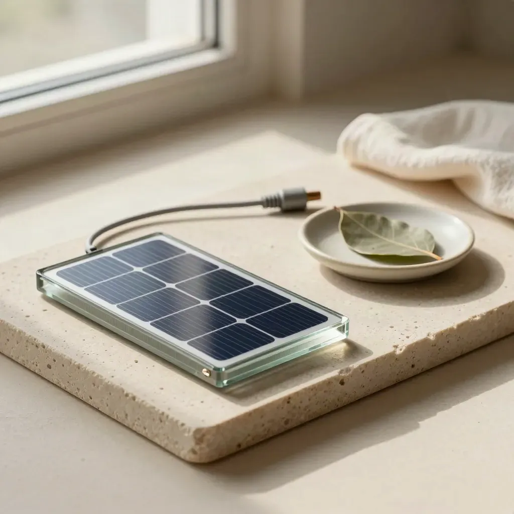 Campione fotovoltaico con cavo e piattino in ceramica su vassoio di pietra.